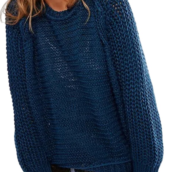 WE THE FREE MAJOLICA BLUE ESSENTIAL KNIT LINEN CREW SWEATER HEIRLOOM COLLECTION - Picture 1 of 9